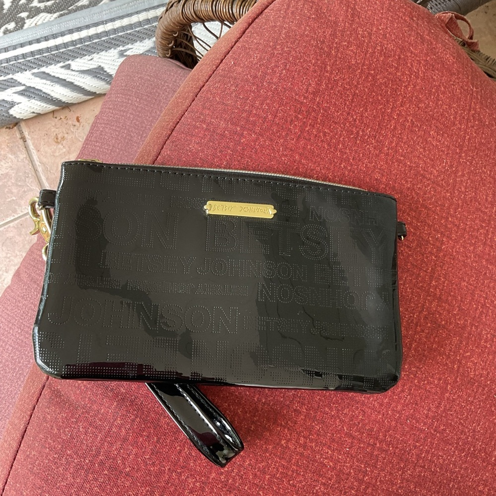 Betsey Johnson Black Patent Purse Logo Clutch Wristlet NWOT